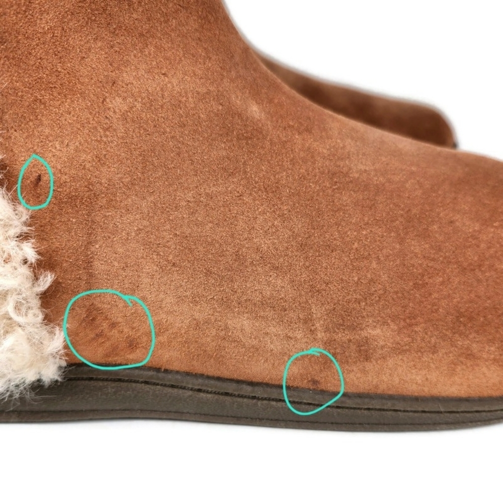 Vionic Unwind Tan Suede Faux Shearling Notched Sides Pull-On Flat Ankle Booties - Picture 14 of 14